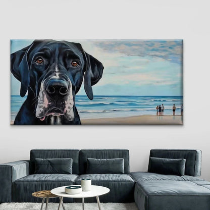 Black Great Dane Dog on Beach Wall Art Canvas Office Home Room Framed 120x60cm