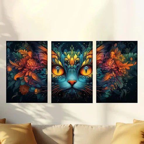 3pcs Charming abstract painted blue cat modern Wall Art Set Canvas Unframed - High Quality Print 100% Australian Made Wall Canvas - Bella Home Decor