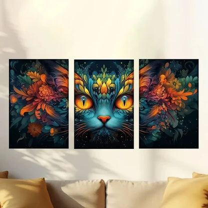 3pcs Charming abstract painted blue cat modern Wall Art Set Canvas Unframed - High Quality Print 100% Australian Made Wall Canvas - Bella Home Decor
