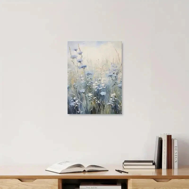 Framed floral painting on a wall above a wooden shelf with books and an open book.