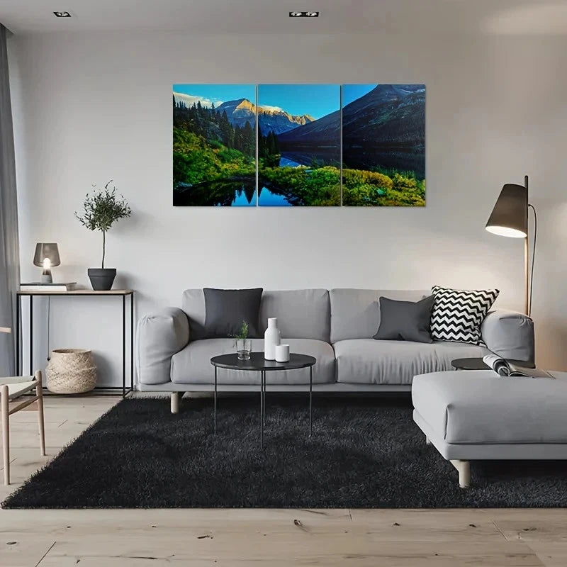 3pcs Mountain Lake Foliage & Snow Capped Peaks Metal Print Ready to Hang Art