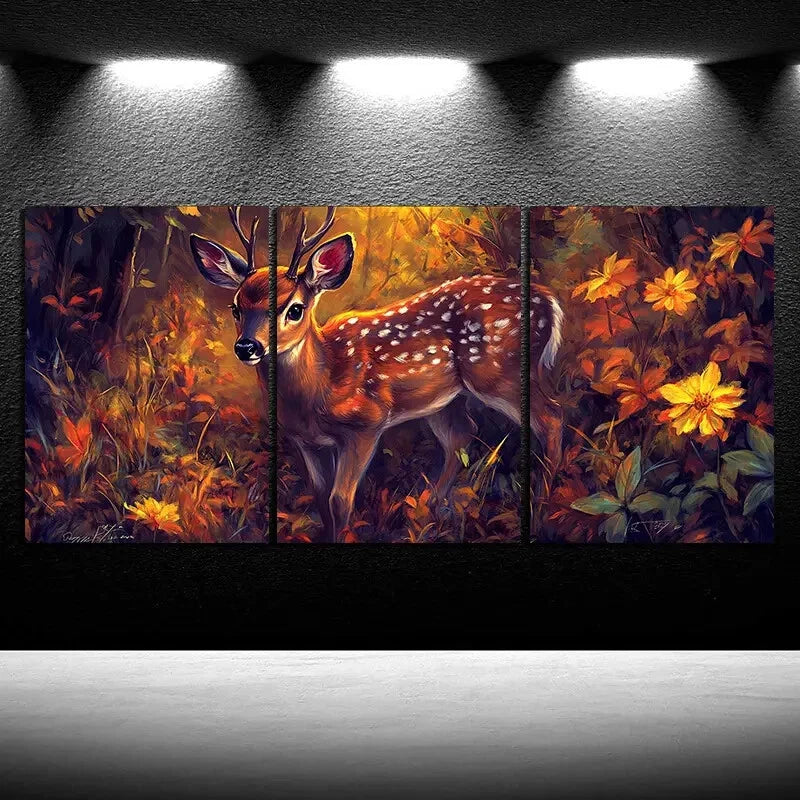 3pcs Deer Under The Sun Forest Flowers Metal Print Ready to Hang Art - Bella Home Decor