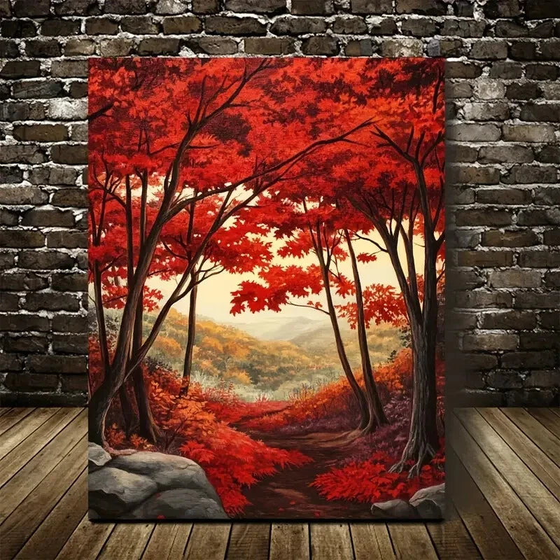 Lush Red Leaves and Sunlit Pathway Painting 40x60cm Metal Print Ready to Hang - Bella Home Decor