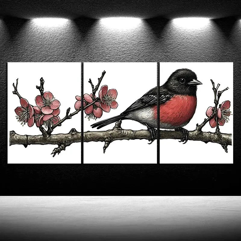 3pcs Birds on Plum Blossom Botanical Branches Metal Print Ready to Hang Art - Bella Home Decor