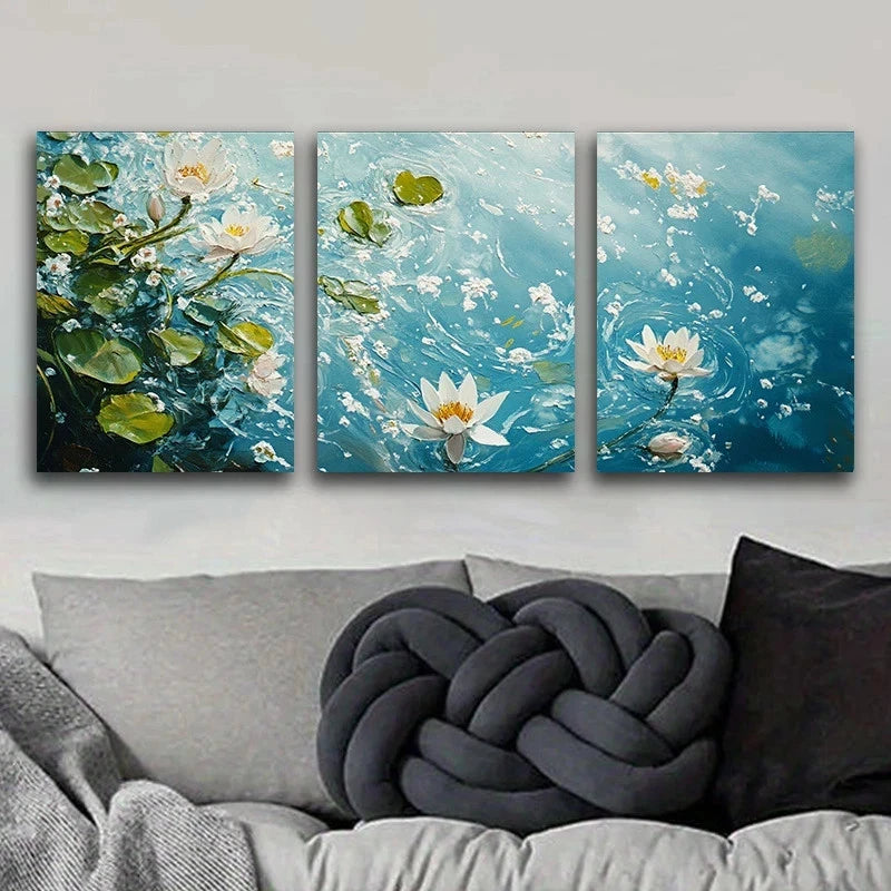 3pcs Lilies on Water Painting Metal Print Ready to Hang Art