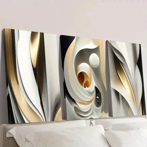 3pcs Modern Luxury Golden White Gilt Line Wall Art Canvas Unframed - High Quality Print 100% Australian Made Wall Canvas