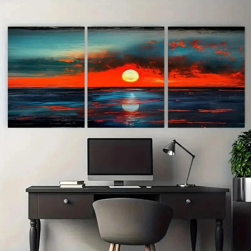 3pcs Bold Teal & Orange Seascape Metal Print Ready to Hang Art - Bella Home Decor