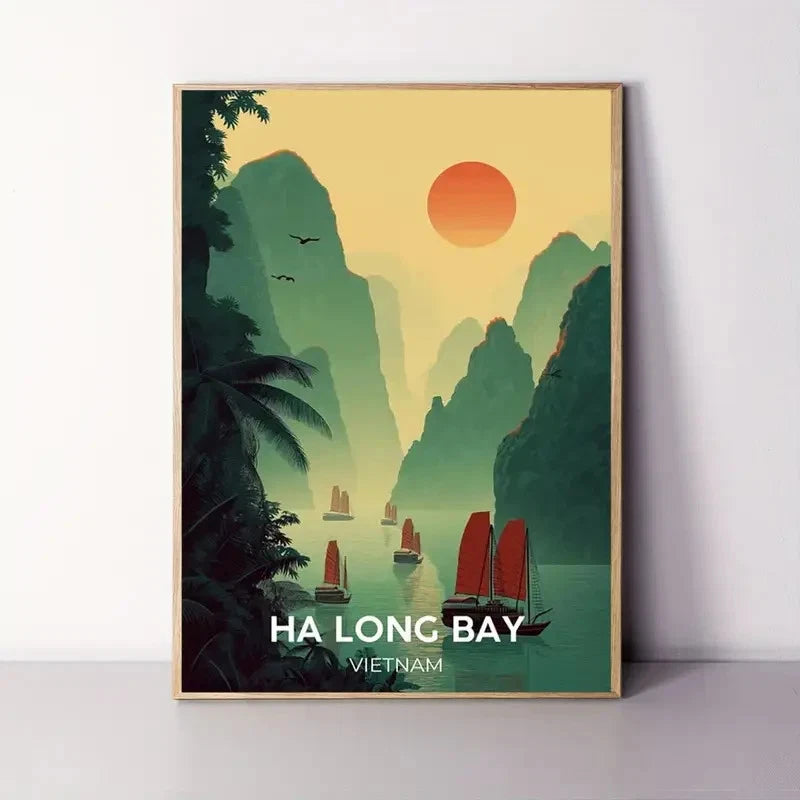 Ha Long Bay Vietnam  Sunset Sailboat & Emerald Bay Travel Poster Print Wall Art