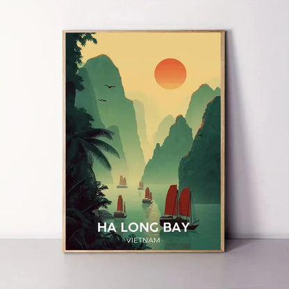 Ha Long Bay Vietnam  Sunset Sailboat & Emerald Bay Travel Poster Print Wall Art