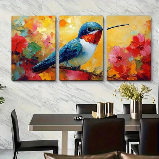 3pcs Hummingbird Small Birds Impasto Perfect  Wall Art Set Canvas Framed 60x90cm - High Quality Print 100% Australian Made Wall Canvas Ready to Hang