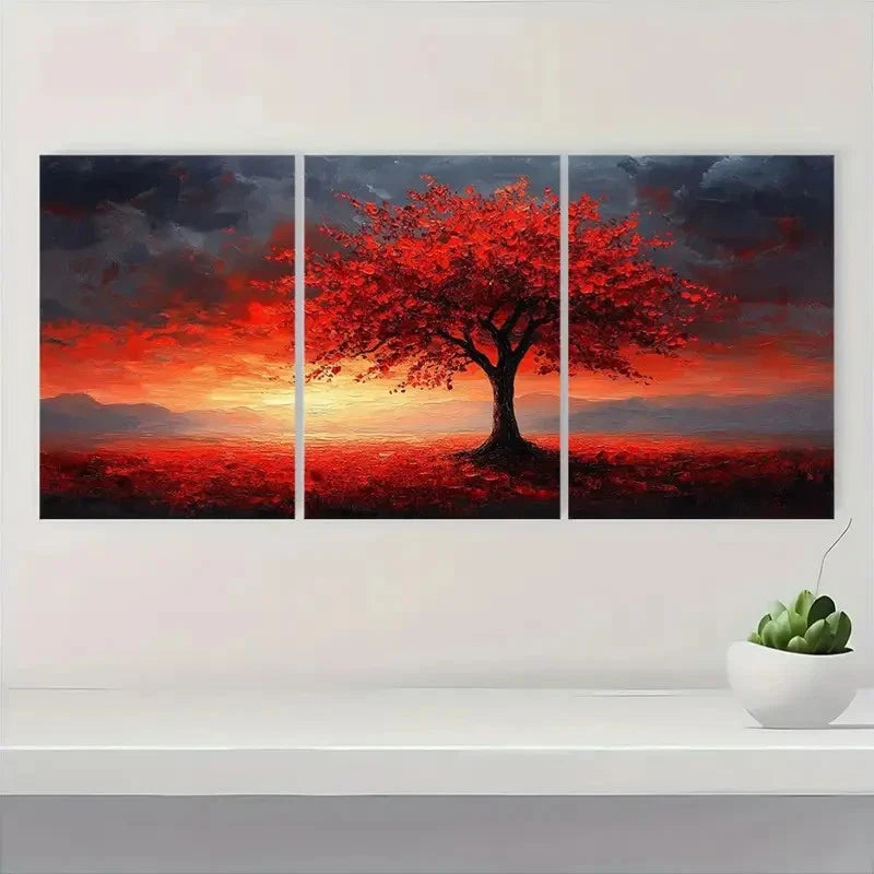 3pcs Vibrant Red Tree Abstract Landscape S  Wall Art Set Canvas Framed 50x70cm - High Quality Print 100% Australian Made Wall Canvas Ready to Hang