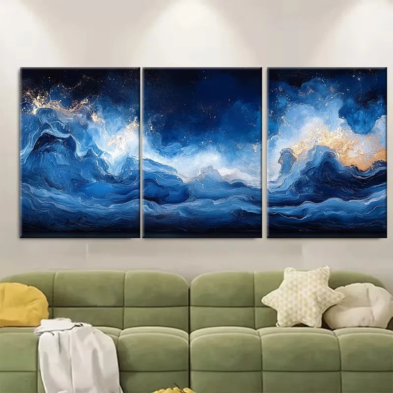 3pcs Modern Abstract Blue Grey Metal Print Ready to Hang Art