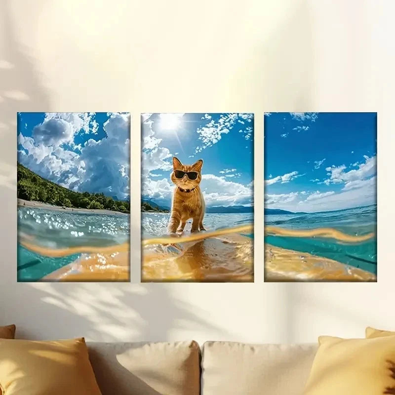 3pcs cat is standing on surfboard Wall Art Set Canvas Framed 50x70cm - High Quality Print 100% Australian Made Wall Canvas Ready to Hang - Bella Home Decor