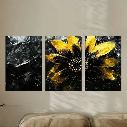 3pcs a yellow flower with black and white Wall Art Set Canvas Unframed - High Quality Print 100% Australian Made Wall Canvas - Bella Home Decor