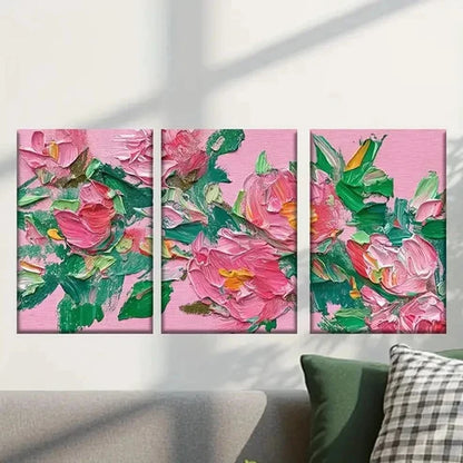 3pcs Vibrant Pink Flowers and Green Leaves Wall Art Canvas Unframed - High Quality Print 100% Australian Made Wall Canvas