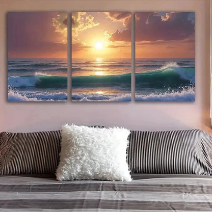 3pcs Sunset Ocean Waves Triptych Wall Art Set Canvas Framed 60x90cm - High Quality Print 100% Australian Made Wall Canvas Ready to Hang