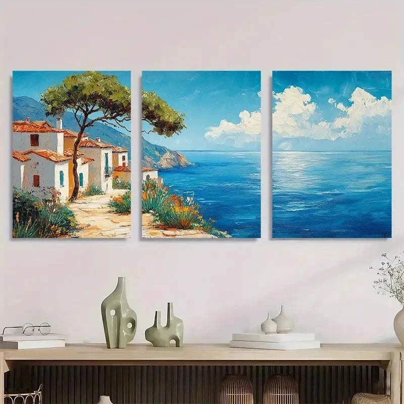 3pcs Abstract Coastal Landscape Blue Perfect Wall Art Set Canvas Framed 60x90cm - High Quality Print 100% Australian Made Wall Canvas Ready to Hang - Bella Home Decor