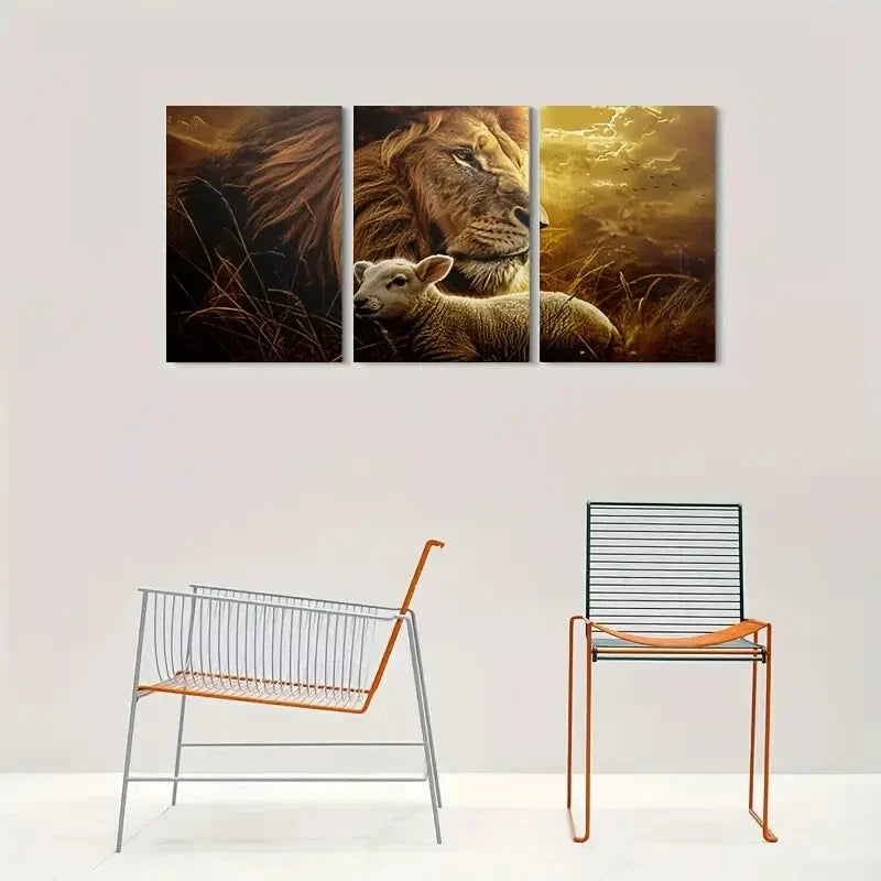 3pcs Lion and Lamb Peaceful Animal Themed Metal Print Ready to Hang Art - Bella Home Decor