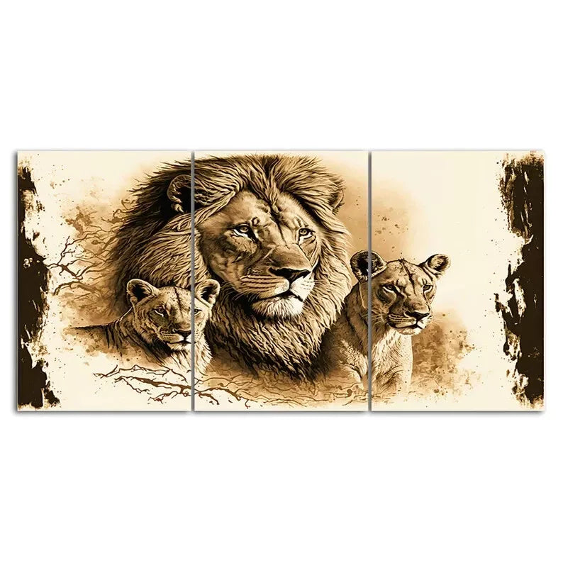 3 Piece Lion And Lioness Painting Style Canvas Framed 40x60cm - High Quality Print 100% Australian Made Wall Canvas Ready to Hang - Bella Home Decor
