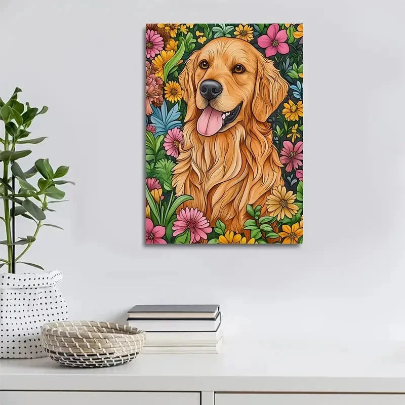 Vibrant Golden Retriever with Colorful Floral Painting 40x60cm Metal Print Ready to Hang - Bella Home Decor