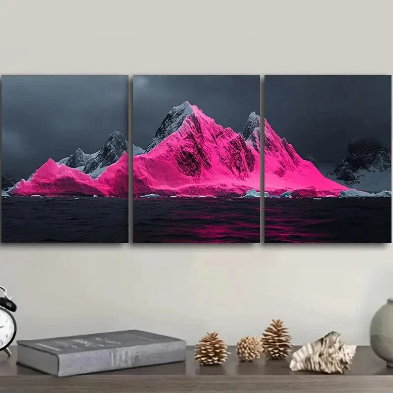 3pcs Vibrant Pink Mountain in a Dark Landscape  Wall Art Set Canvas Framed 40x60cm - High Quality Print 100% Australian Made Wall Canvas Ready to Hang