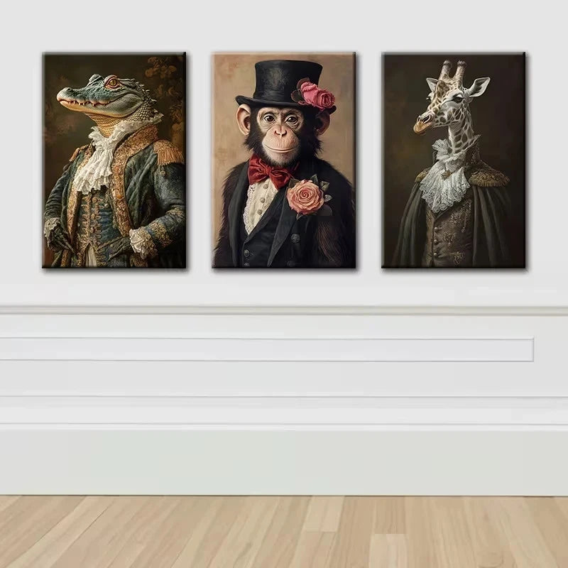 3pcs Animal Portraits in Vintage Attire Wall Art Set Canvas Framed 60x90cm - High Quality Print 100% Australian Made Wall Canvas Ready to Hang - Bella Home Decor