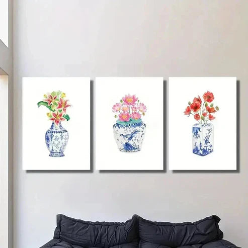 3pcs Watercolor Flowers in Chinoiseries Vase Wall Art Set Canvas Unframed - High Quality Print 100% Australian Made Wall Canvas