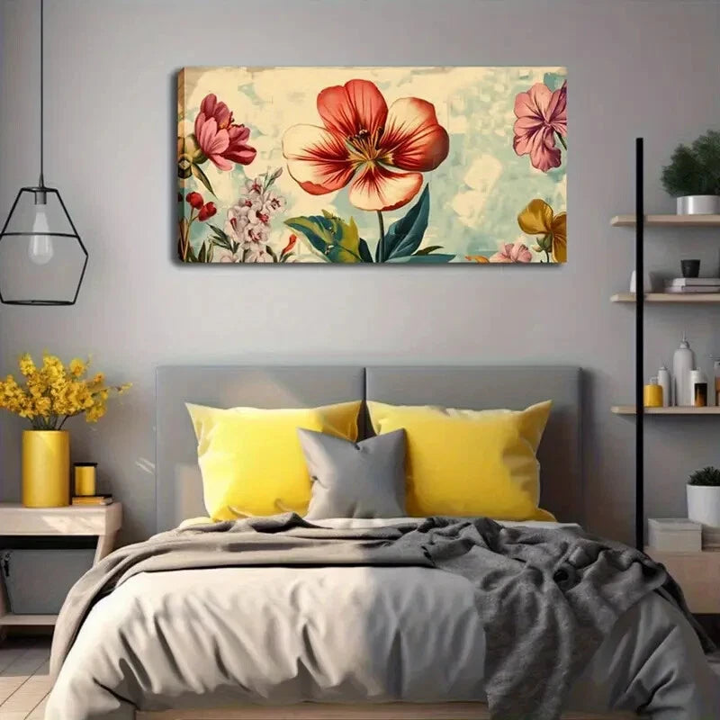 Orange & Blue Flowers Light Wall Art Canvas Office Home Room Framed 120x60cm - Bella Home Decor