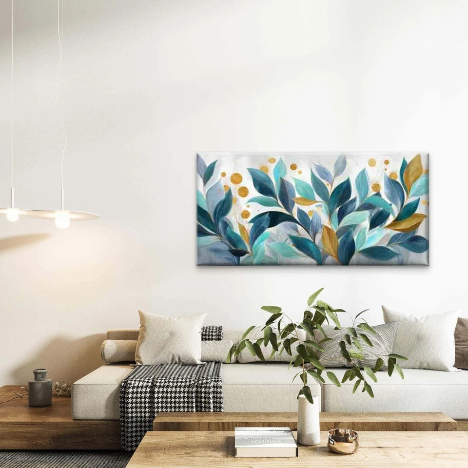 Vintage Leaf with Golden Dots, Wall Art Canvas Office Home Room Framed 120x60cm - Bella Home Decor
