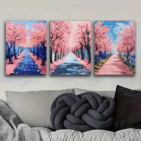 3pcs Featuring Pink Cherry Blossom Trees Nature Wall Art Set Canvas Unframed - High Quality Print 100% Australian Made Wall Canvas