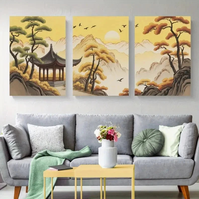 3pcs Pagoda & Pine Tree Scenery with Birds  Wall Art Set Canvas Framed 60x90cm - High Quality Print 100% Australian Made Wall Canvas Ready to Hang - Bella Home Decor