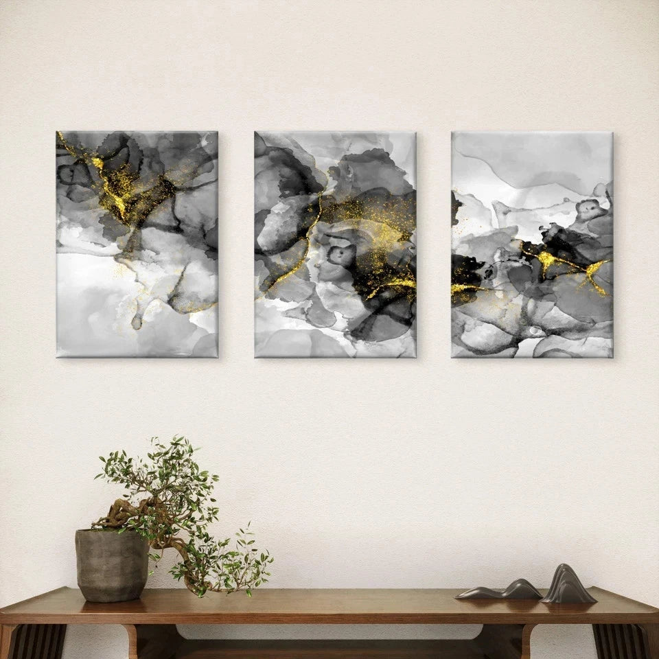 3pcs Luxury Monochrome and Gold Glitter Ink Wall Art Set Canvas Framed 50x70cm - High Quality Print 100% Australian Made Wall Canvas Ready to Hang