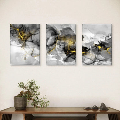 3pcs Luxury Monochrome and Gold Glitter Ink Wall Art Set Canvas Framed 50x70cm - High Quality Print 100% Australian Made Wall Canvas Ready to Hang