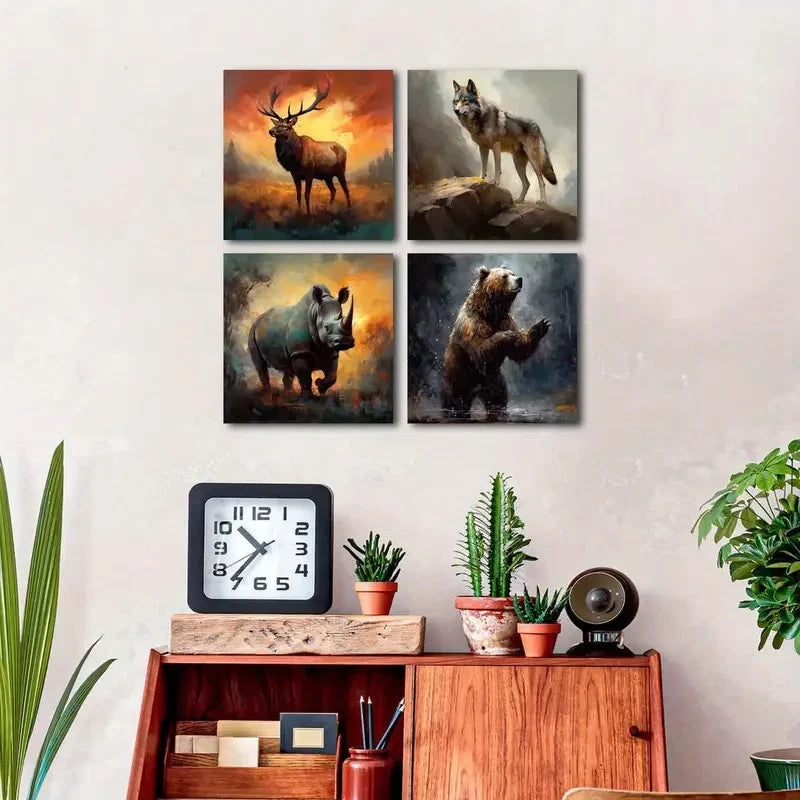 4pcs Rustic Wild Animal Wall Art Canvas Framed