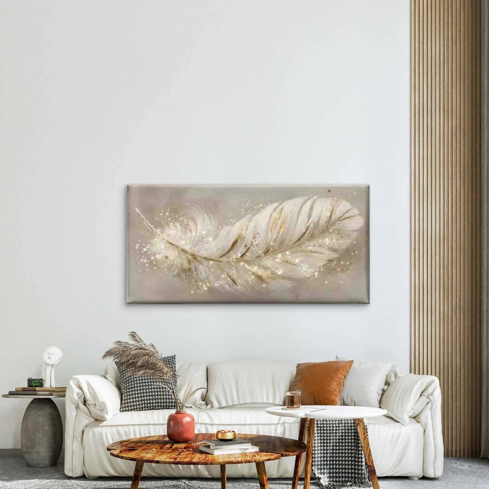 Golden Sparkle Feather Wall Art Canvas Office Home Room Framed 120x60cm - Bella Home Decor