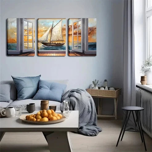 3pcs Coastal Nautical Triptych Ship Wall Art Canvas Unframed - High Quality Print 100% Australian Made Wall Canvas - Bella Home Decor