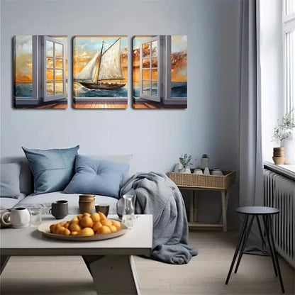3pcs Coastal Nautical Triptych Ship Wall Art Canvas Unframed - High Quality Print 100% Australian Made Wall Canvas - Bella Home Decor