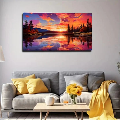 Vibrant Sunset Lake Reflection Wall Art Canvas Office Home Room Framed 120x60cm