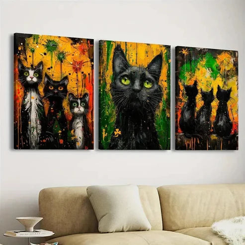 3pcs Vibrant Black Cat Wall Art Set Canvas Unframed - High Quality Print 100% Australian Made Wall Canvas