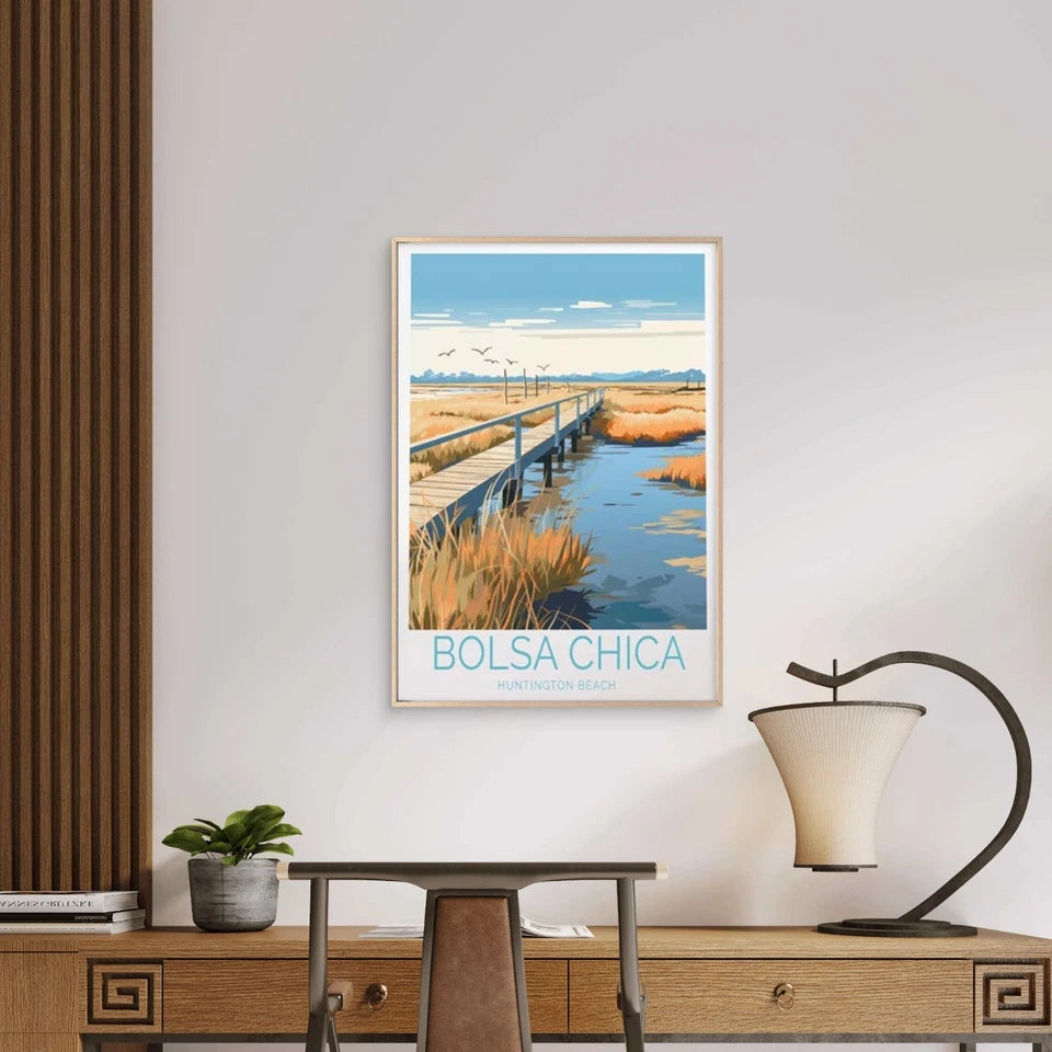 Bolsa Chica Huntington Chica, Grassland Travel Poster Print Wall Art - Bella Home Decor