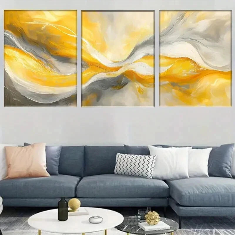 3pcs Abstract Yellow And Gray Design Wall Art Set Canvas Framed 50x70cm - High Quality Print 100% Australian Made Wall Canvas Ready to Hang - Bella Home Decor