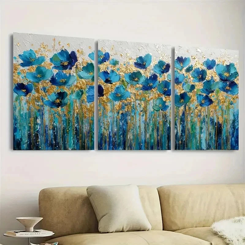 3pcs Color Floral Blue And Golden Tones Artwork Wall Art Set Canvas Framed 50x70cm - High Quality Print 100% Australian Made Wall Canvas Ready to Hang - Bella Home Decor