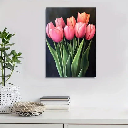 Vibrant Pink Tulips with Green Stems Painting 40x60cm Metal Print Ready to Hang - Bella Home Decor