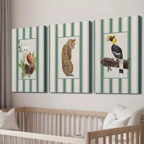3pcs Whimsical Vintage Crow Owl & Cheetah Wall Art Canvas Unframed - High Quality Print 100% Australian Made Wall Canvas