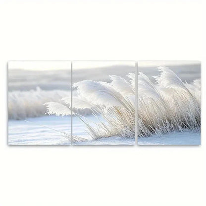 3pcs Grass Winter Scene Nature Photography S  Wall Art Set Canvas Framed 50x70cm - High Quality Print 100% Australian Made Wall Canvas Ready to Hang