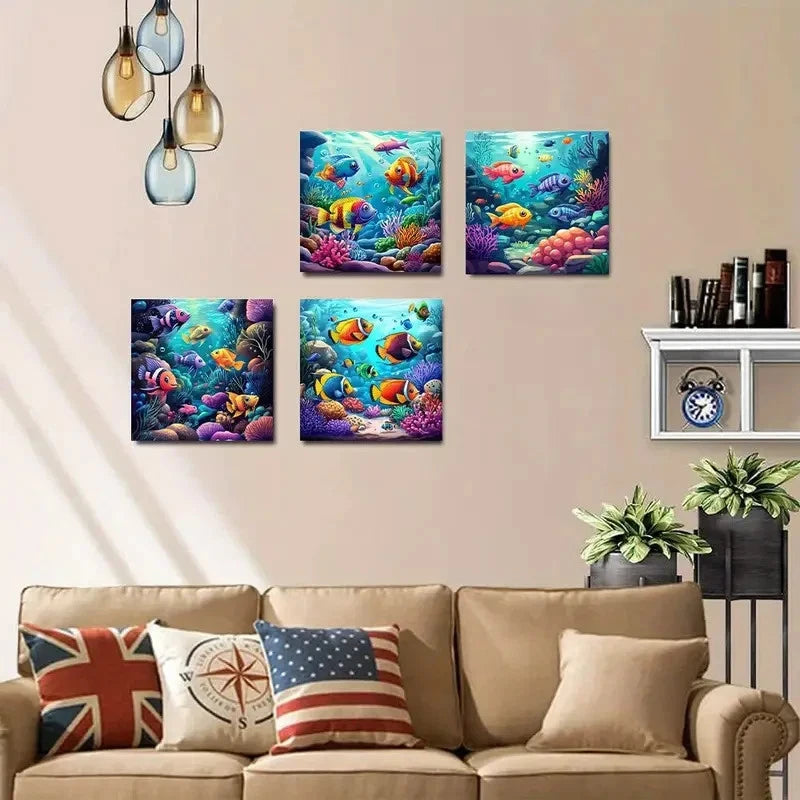 4pcs Underwater Coral Reef & Colorful Fish Wall Art Canvas Framed