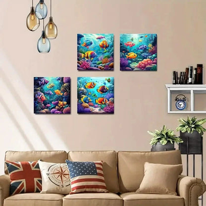 4pcs Underwater Coral Reef & Colorful Fish Wall Art Canvas Framed