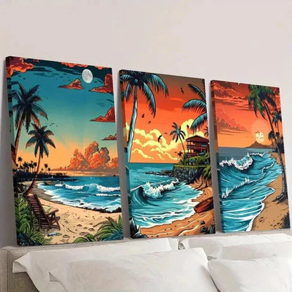 3pcs Tropical Beach Seascape Illustration Wall Art Set Canvas Unframed - High Quality Print 100% Australian Made Wall Canvas