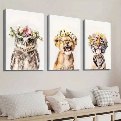 3pcs Adorable Animal Floral Crowns Perfect Wall Art Set Canvas Framed 50x70cm - High Quality Print 100% Australian Made Wall Canvas Ready to Hang - Bella Home Decor