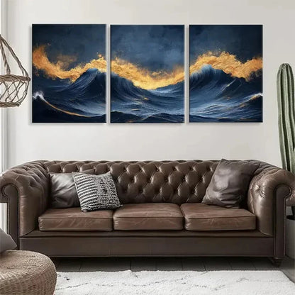 3pcs Golden Ocean Waves with Fiery Glow Perfect Wall Art Set Canvas Unframed - High Quality Print 100% Australian Made Wall Canvas - Bella Home Decor